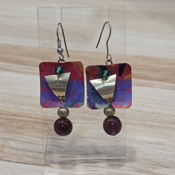 Abstract Funky Dangle Earrings Purple Gold Green Bead Geometric 3D Modern Art - Picture 1 of 11